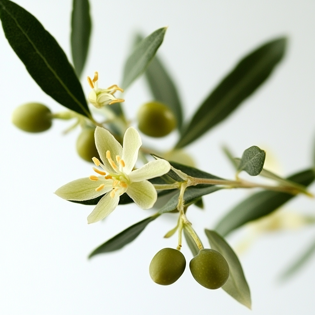 올리브 꽃과 어린 올리브 열매